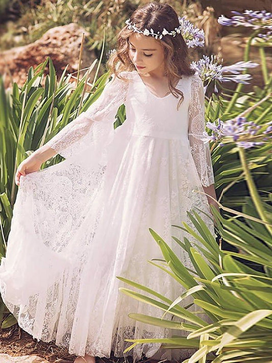 V-neck A-Line/Princess Floor-Length Long Sleeves Lace Flower Girl Dresses