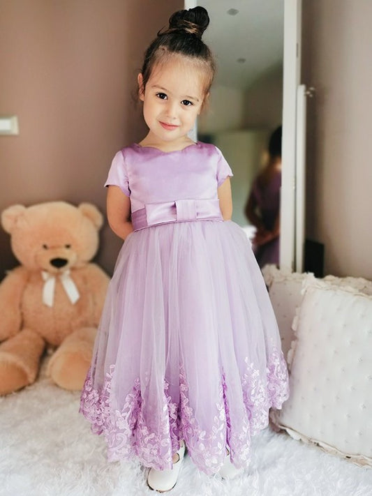 Tulle Sleeves Lace Scoop A-Line/Princess Ankle-Length Short Flower Girl Dresses