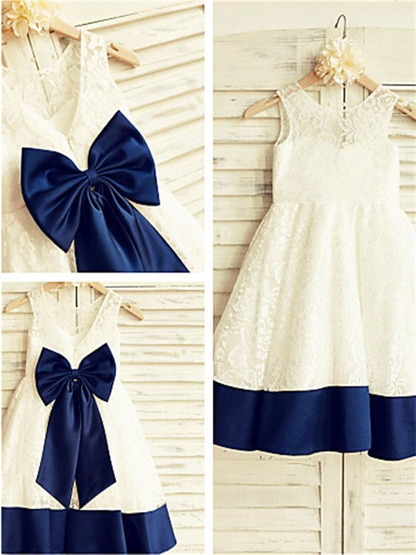 Lace Sleeveless Scoop Tea-Length Bowknot A-line/Princess Flower Girl Dresses