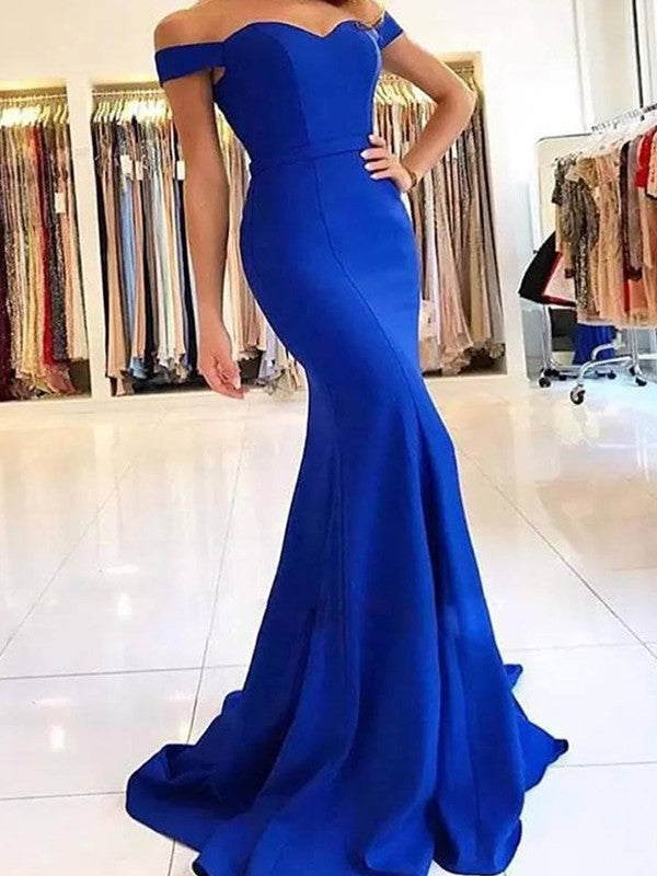 Trumpet/Mermaid Sleeveless Train Off-the-Shoulder Sweep/Brush Ruffles Satin Dresses