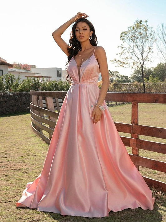 A-Line/Princess Sleeveless Ruched V-neck Satin Sweep/Brush Train Dresses