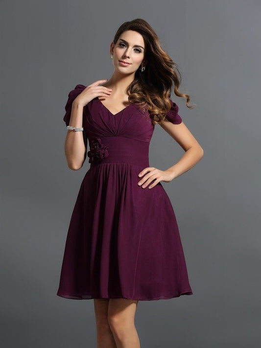 Short A-Line/Princess V-neck Sleeves Flower Short Hand-Made Chiffon Bridesmaid Dresses