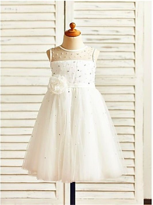 Scoop Hand-made Tulle A-line/Princess Tea-Length Flower Sleeveless Flower Girl Dresses