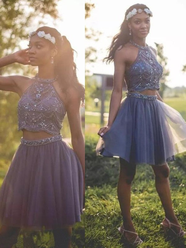 Tulle Halter Short Cut With A-Line Beading Silver Homecoming Dresses