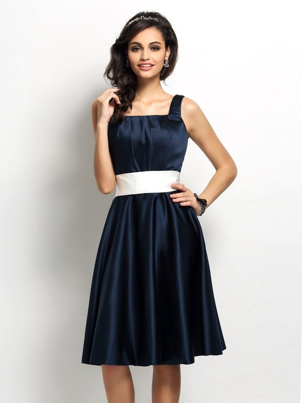 Square Sleeveless Short Sash/Ribbon/Belt Sheath/Column Satin Bridesmaid Dresses