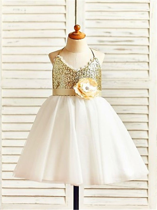 Halter Tea-Length A-line/Princess Sleeveless Sequin Tulle Flower Girl Dresses