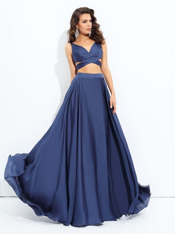 A-line/Princess Straps Chiffon Satin Long Sleeveless Two Piece Dresses