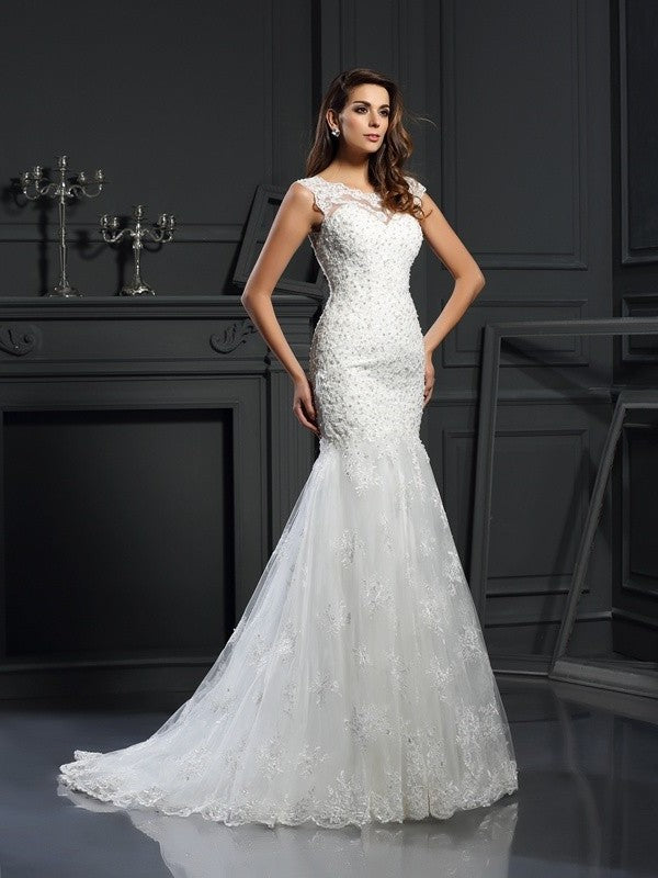 Long Applique Sleeves Short Trumpet/Mermaid Scoop Tulle Wedding Dresses