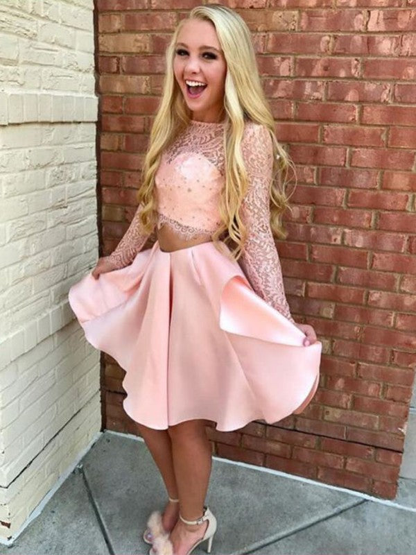 Homecoming Dresses A-Line/Princess Long Sleeves Camila Sheer Neck Satin Lace Short/Mini Two Piece Dresses