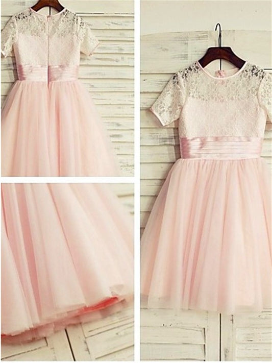 Lace Short A-line/Princess Tulle Sleeves Tea-Length Jewel Flower Girl Dresses