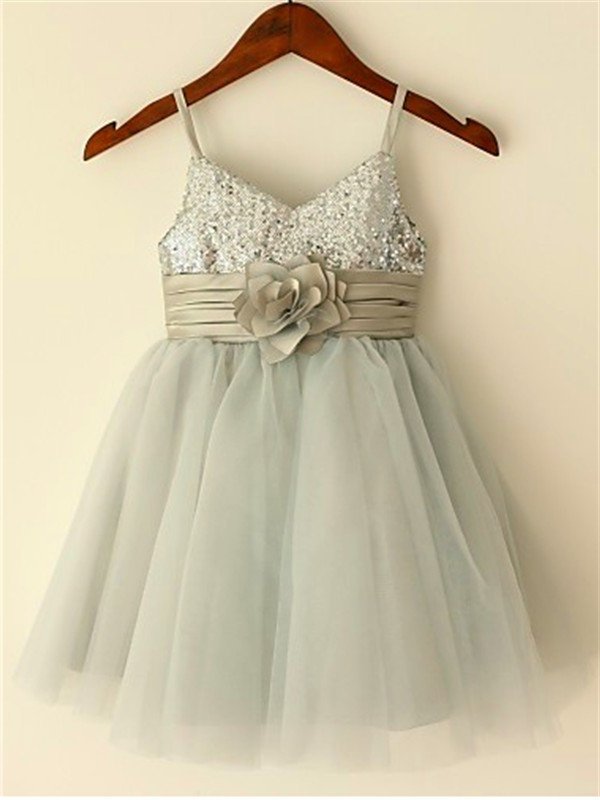 Tulle Tea-Length Straps Sequin A-line/Princess Sleeveless Spaghetti Flower Girl Dresses