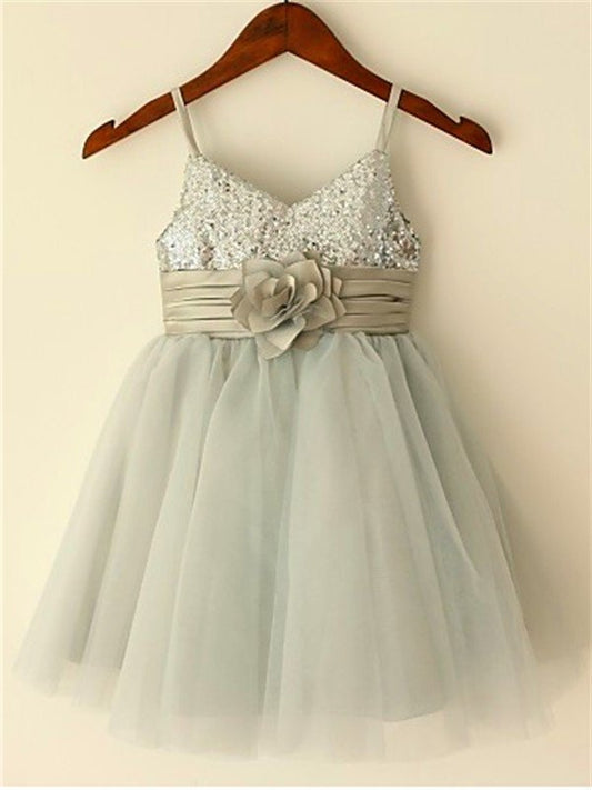 Tulle Tea-Length Straps Sequin A-line/Princess Sleeveless Spaghetti Flower Girl Dresses