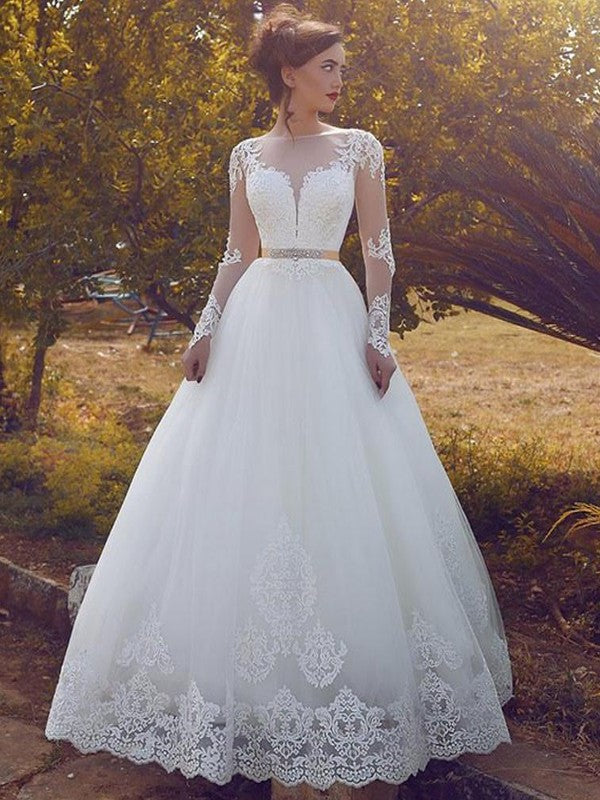 Tulle Sleeves Long Ball Gown Bateau Floor-Length Wedding Dresses