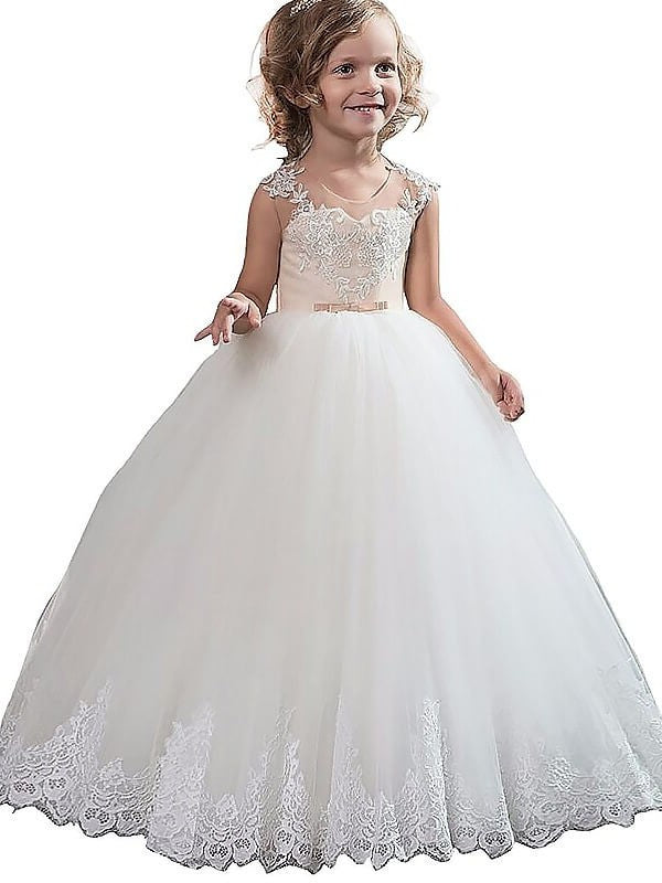 Tulle Gown Sleeveless Floor-Length Applique Ball Scoop Flower Girl Dresses