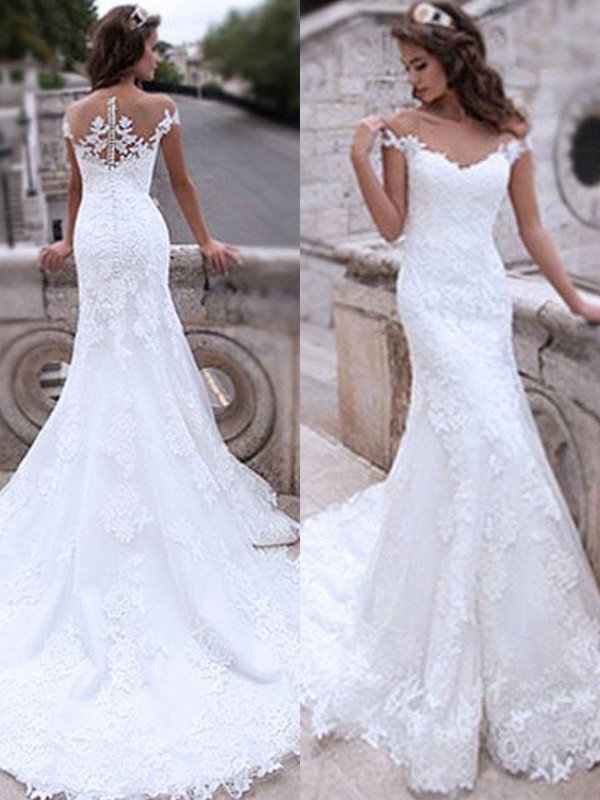 Trumpet/Mermaid Sweep/Brush Tulle Off-the-Shoulder Applique Sleeveless Train Wedding Dresses