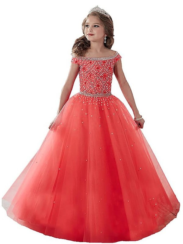 Gown Tulle Ball Floor-Length Sleeveless Beading Off-the-Shoulder Flower Girl Dresses