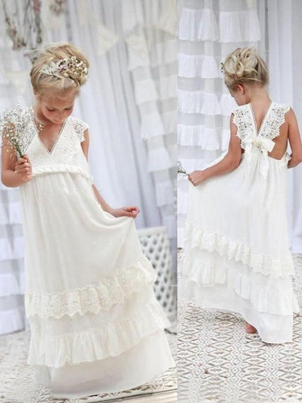 Chiffon Floor-Length Empire Sleeveless Lace V-neck Flower Girl Dresses