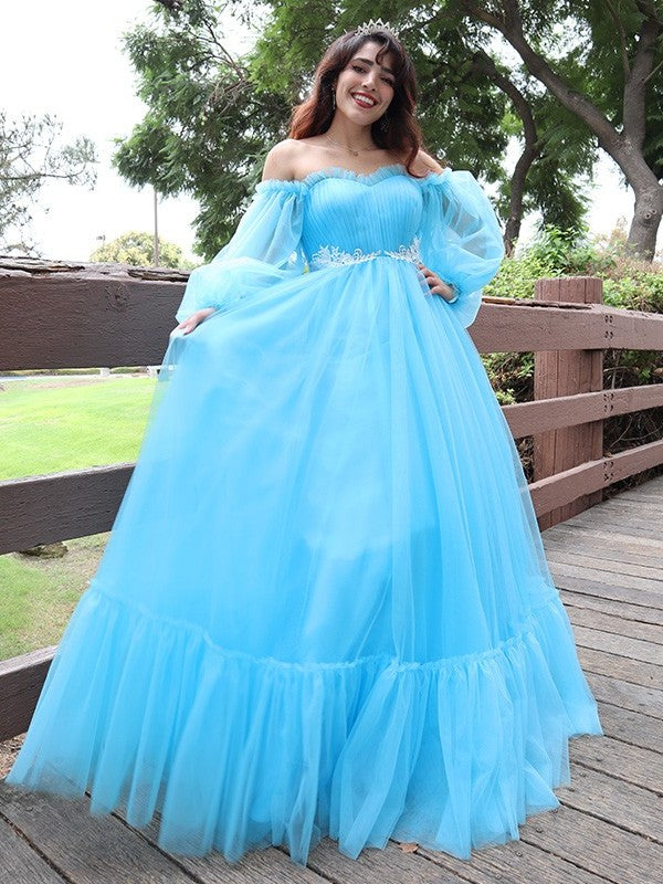 A-Line/Princess Long Off-the-Shoulder Tulle Applique Sleeves Floor-Length Dresses