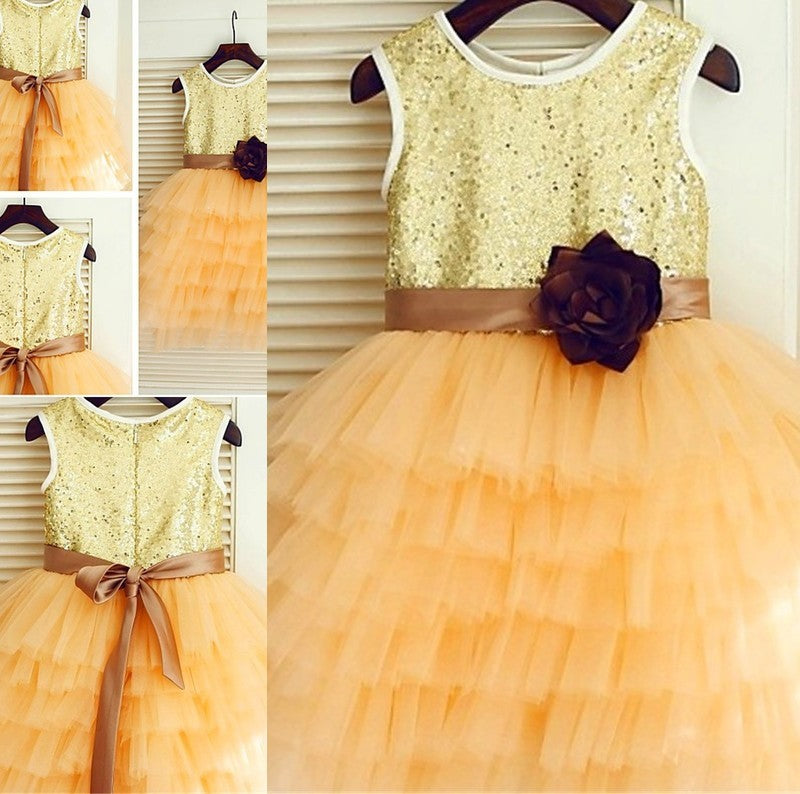 Scoop A-line/Princess Tea-Length Sequin Tulle Sleeveless Flower Girl Dresses