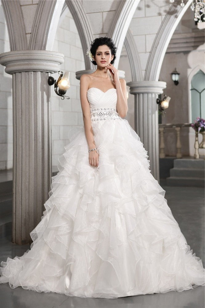 Gown Long Ball Beading Sleeveless Sweetheart Organza Wedding Dresses