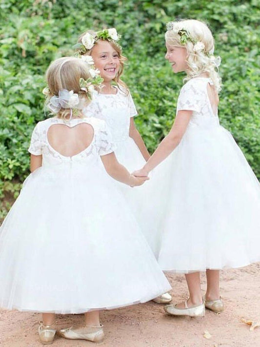 Sleeves Scoop Short Lace Tulle Ball Tea-Length Gown Flower Girl Dresses