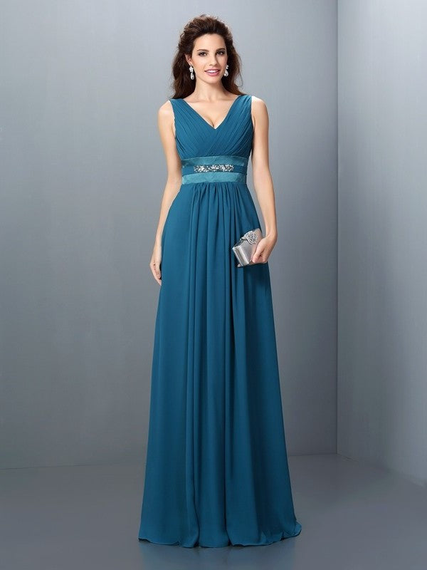 V-neck Sleeveless Long Beading A-Line/Princess Chiffon Bridesmaid Dresses