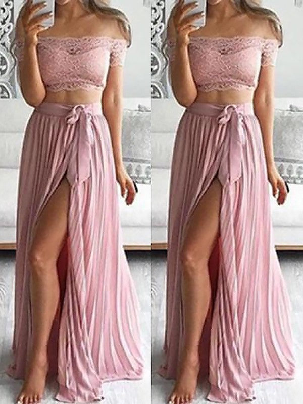 Floor-Length Off-the-Shoulder Chiffon Lace Sleeveless A-Line/Princess Two Piece Dresses