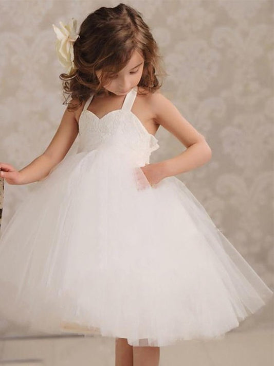 Knee-Length Applique Tulle Ball Sleeveless Halter Gown Flower Girl Dresses