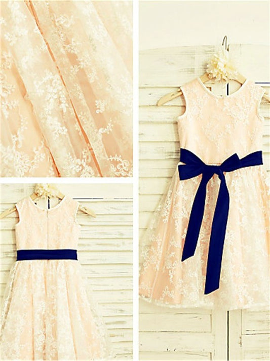 A-line/Princess Bowknot Sleeveless Lace Ankle-Length Scoop Flower Girl Dresses