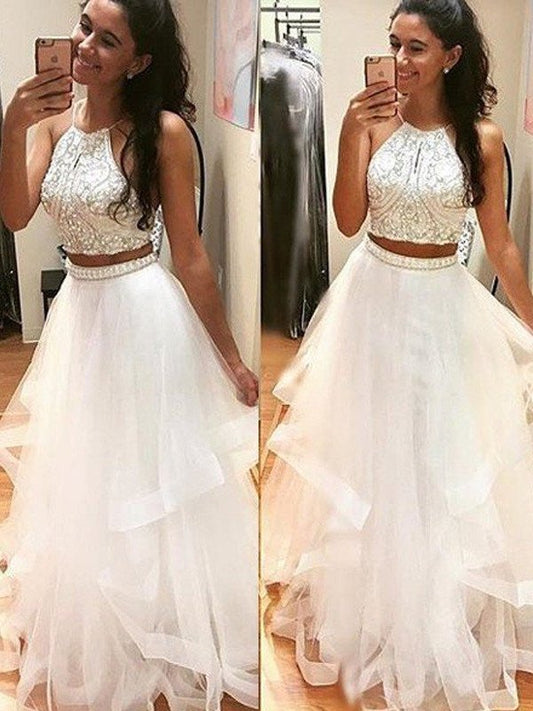 A-Line/Princess Halter Sleeveless Floor-Length Beading Tulle Dresses