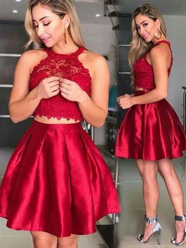 Nataly A-Line/Princess Sleeveless Halter Satin Lace Short/Mini Two Piece Dresses Homecoming Dresses