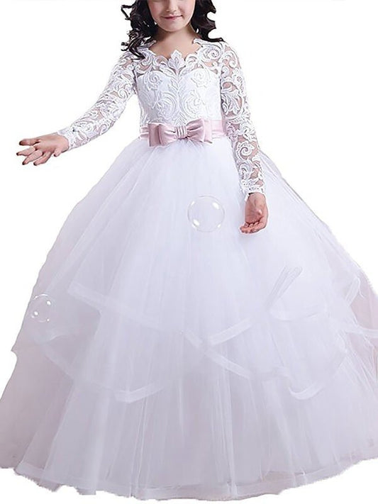 Ball Tulle Sleeves Floor-Length Gown Lace Jewel Long Flower Girl Dresses