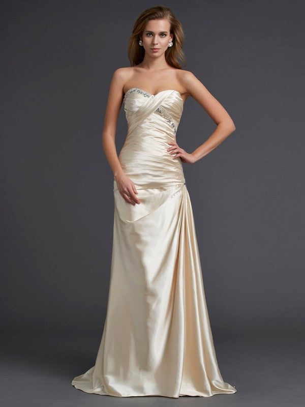 Sleeveless Sheath/Column Beading Sweetheart Long Elastic Woven Satin Dresses