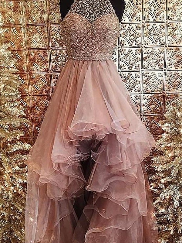 Halter Sweep/Brush Gown Ball Sleeveless Beading Train Tulle Dresses