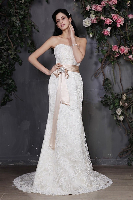 Strapless Sash Long Sheath/Column Sleeveless Lace Wedding Dresses