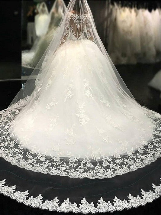 Train Applique Lace Gown Ball Sleeves Long Cathedral Scoop Tulle Wedding Dresses