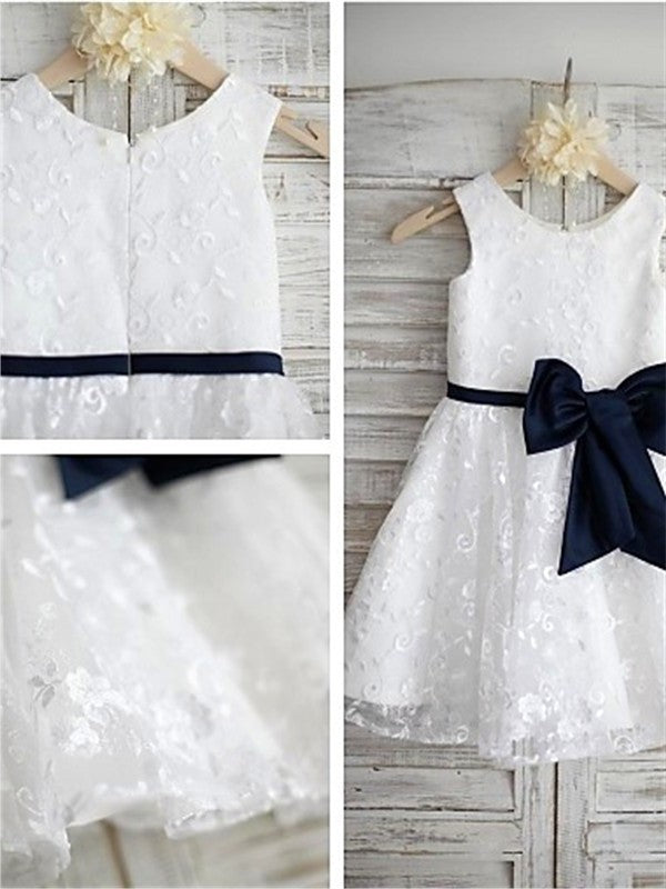 A-line/Princess Bowknot Lace Scoop Sleeveless Tea-Length Flower Girl Dresses