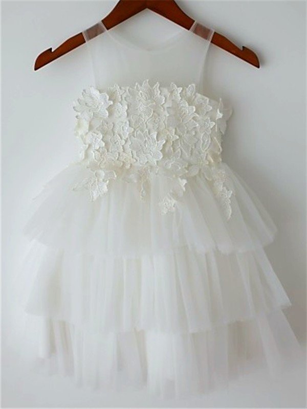 Tea-Length Lace Sleeveless Straps A-line/Princess Tulle Flower Girl Dresses