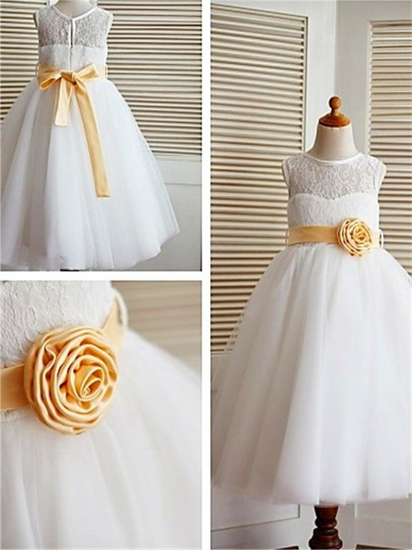 Sleeveless Tea-Length A-line/Princess Lace Scoop Tulle Flower Girl Dresses