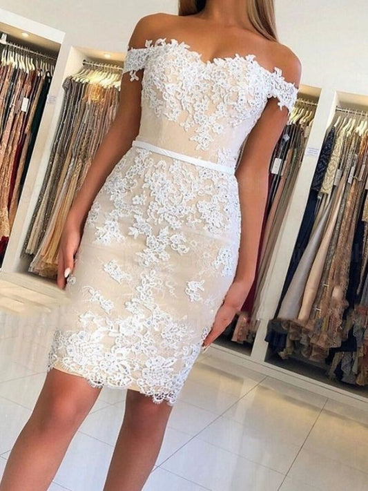 Lace Off-the-Shoulder Applique Sheath/Column Sleeveless Short/Mini Homecoming Dresses