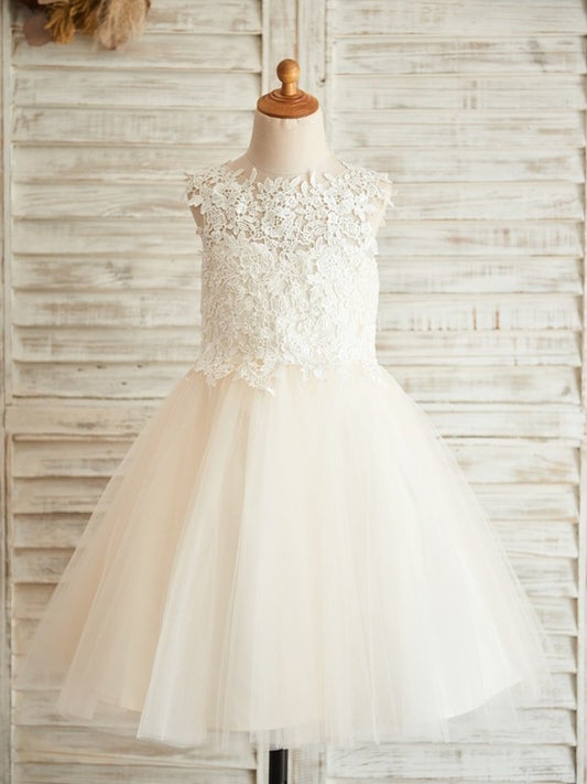 Knee-Length Tulle Sleeveless A-Line/Princess Lace Scoop Flower Girl Dresses