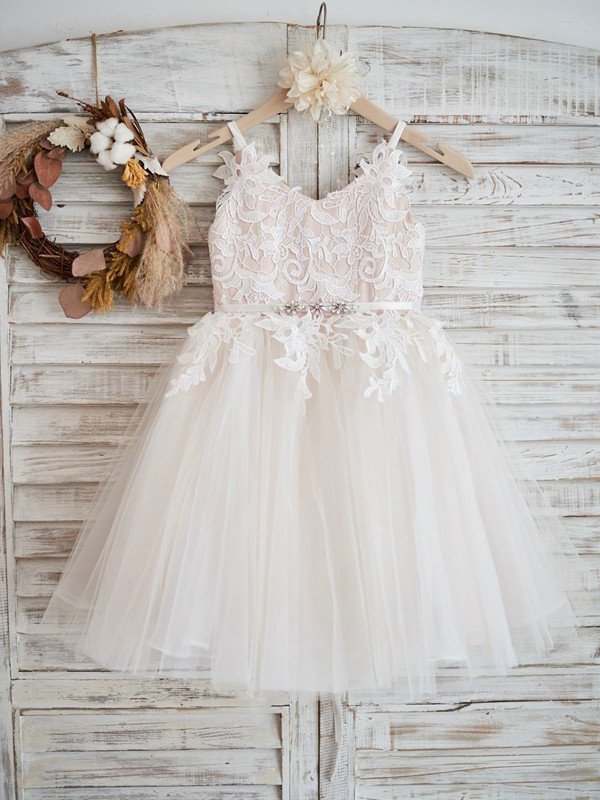 Tulle Knee-Length Sleeveless Lace V-neck A-Line/Princess Flower Girl Dresses