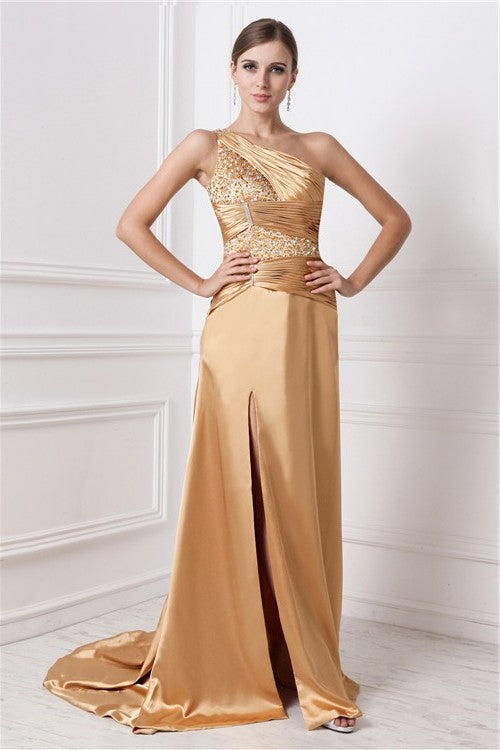 Long Sleeveless One-Shoulder A-Line/Princess Elastic Beading Woven Satin Dresses