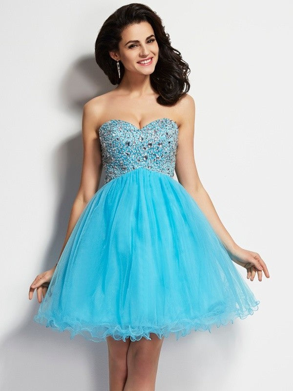 A-Line/Princess Sweetheart Short Beading Sleeveless Tulle Homecoming Dresses