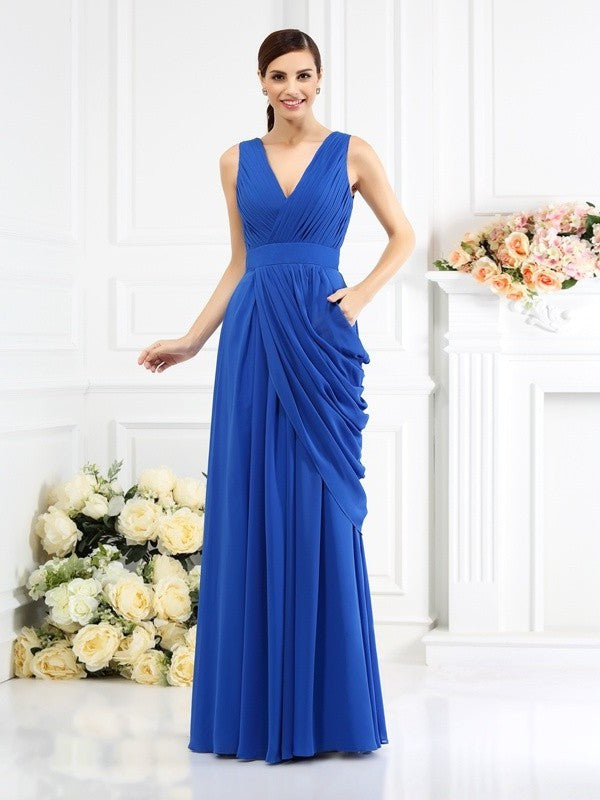 Pleats Sleeveless V-neck A-Line/Princess Long Chiffon Bridesmaid Dresses