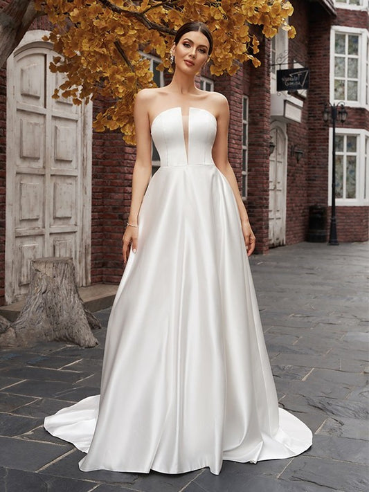 Strapless Satin A-Line/Princess Ruffles Sleeveless Sweep/Brush Train Wedding Dresses