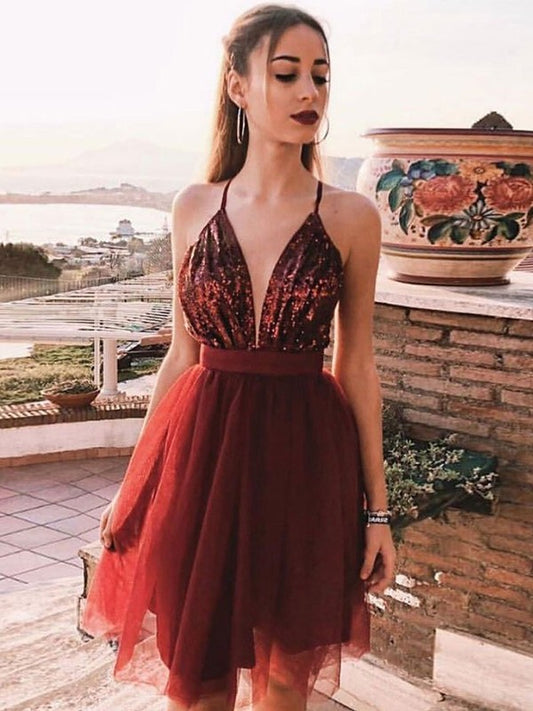 A-Line/Princess Sequin Sleeveless Tulle Spaghetti Straps Short/Mini Homecoming Dresses