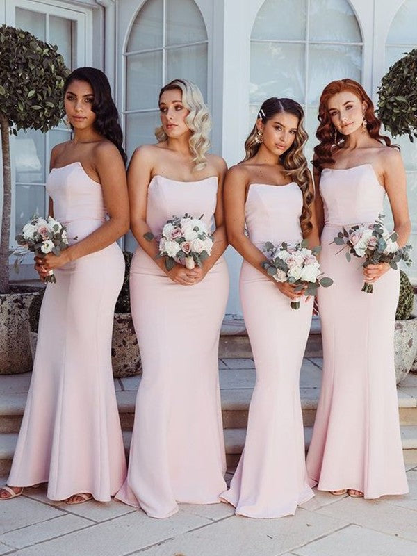 Stretch Strapless Crepe Sheath/Column Ruffles Sleeveless Floor-Length Bridesmaid Dresses