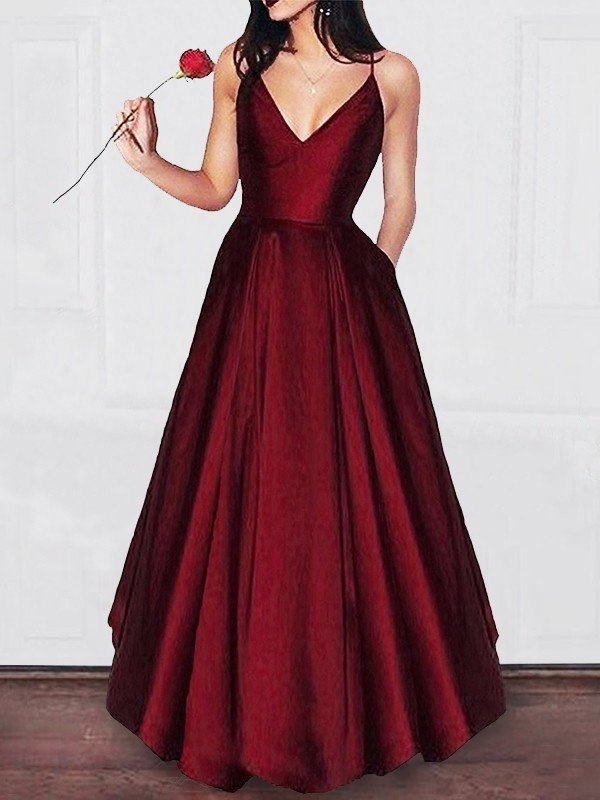 Floor-Length V-neck A-Line/Princess Ruffles Satin Dresses