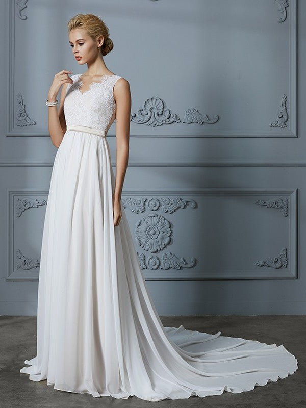 V-neck A-Line/Princess Chiffon Court Sleeveless Train Wedding Dresses